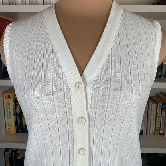 Vintage 70s Cardigan Sweater Vest Oatmeal Sleeveless Knit Vneck Button Front - Picture 4 of 9